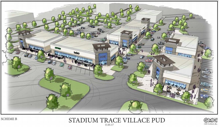 Conceptual rendering of Stadium Trace Village shows walkable, landscaped open shops and restaurants