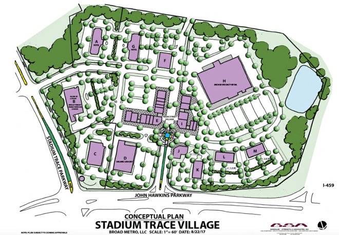 Artists rendering of Stadium Trace Village conceptual plan shows green area, roads and store placements